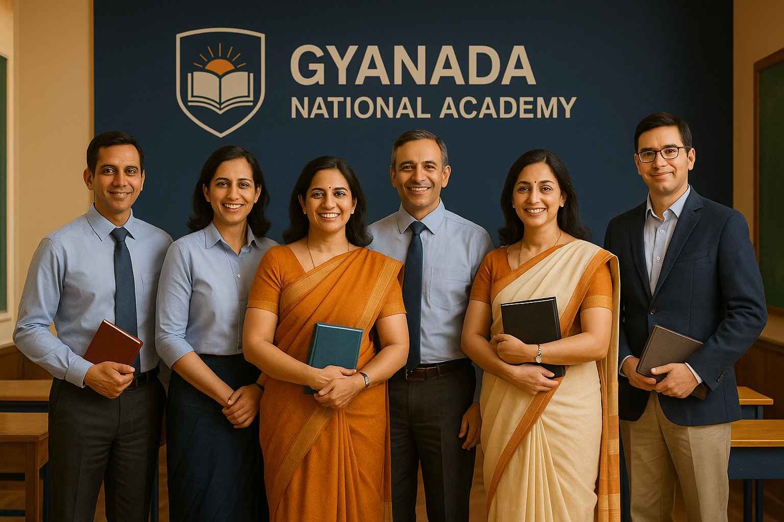 Group photo of six professional Indian educators from Gyanada National Academy standing confidently in front of a classroom with the school logo in the background. They are smiling and dressed in formal attire, holding books and tablets.